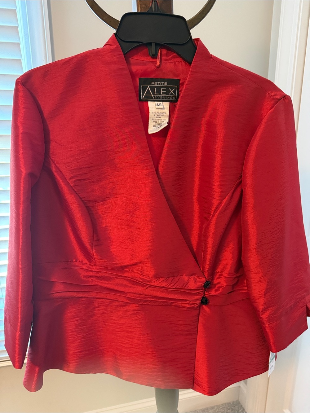 Alex Evenings Red Satin Petite Wrap-Style Button Top
